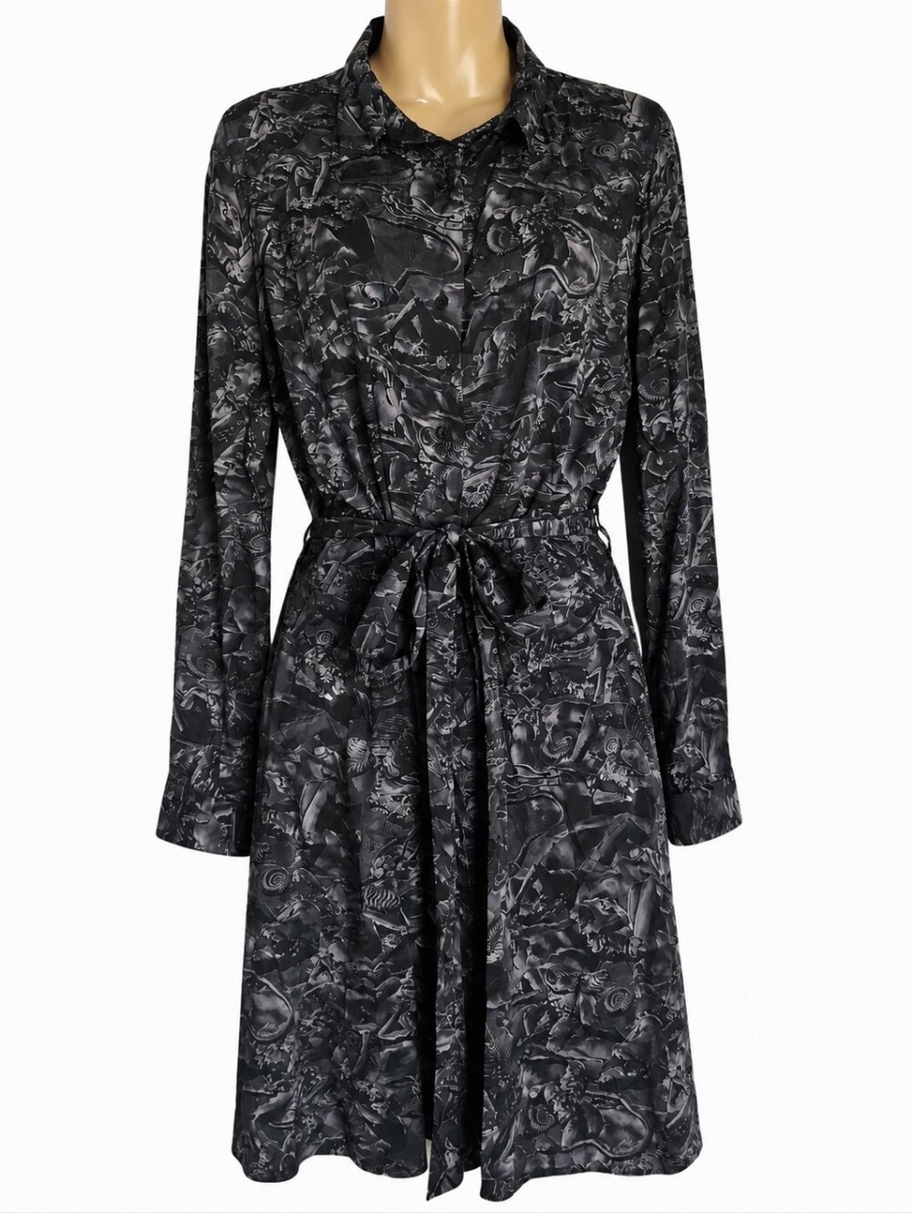 Final Days by Pretty Snake Black Surreal Print Tie Waist Shirt Dress Medium